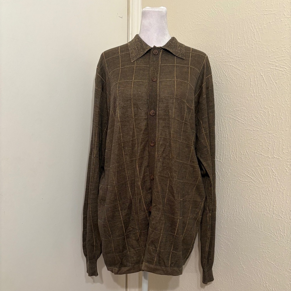 Anthology Mens Brown 100% Silk Grid Button Down Sweater Knit Polo Size Medium